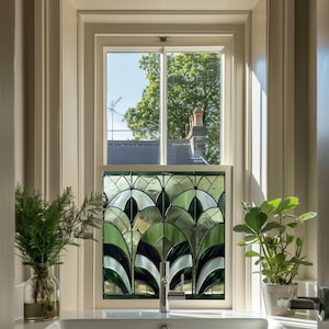 Green Art Deco Window Film, Privacy Window Film, Decorative Stained Glass Window Film, Bathroom Window Film, Stained Glass Window Film