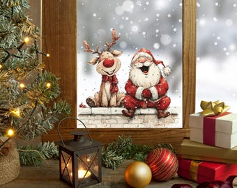 Santa and Reindeer Christmas Window Sticker, Double-Sided Decal