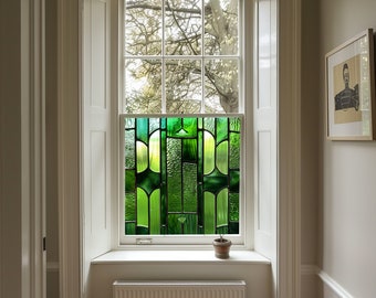 Green Art Deco Privacy Window Film, Custom Size