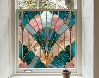 May include: A stained glass window film featuring a geometric design with teal, pink, and gold accents. The design resembles a fan or a series of overlapping circles.