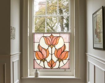May include: A stained glass window film featuring a design of three stylized orange tulips with a pink background.