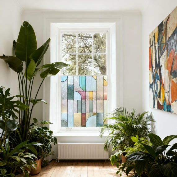Art Deco Sichtschutz Fensterfolie: Geometrisches Buntglas-Design