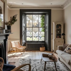 Könnte beinhalten: Ein helles Wohnzimmer mit einem großen Fenster mit einem dekorativen Fächermuster. Der Raum umfasst ein helles Sofa, einen Schaukelstuhl aus Holz, einen Couchtisch und einen gemusterten Teppich. Die Wände sind in einer neutralen Farbe gestrichen.