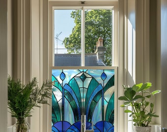 May include: A bathroom sink with a chrome tap and a stained glass window behind it. The stained glass window features a geometric design in shades of blue and green.