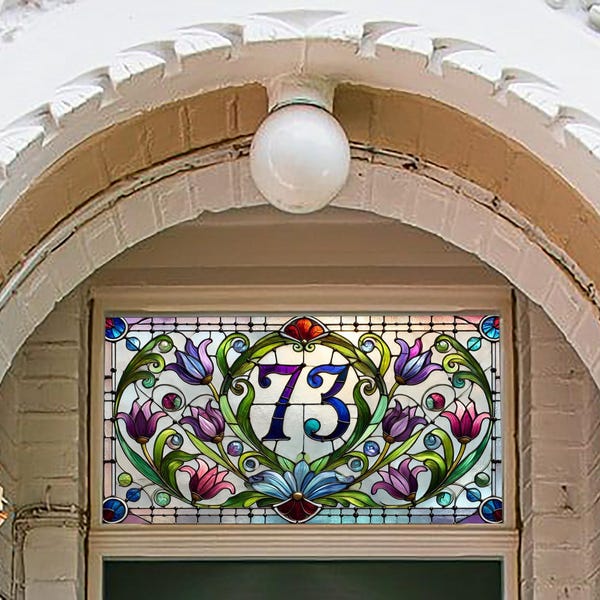 Art Nouveau Floral House Number Window Film, Privacy Transom Panel