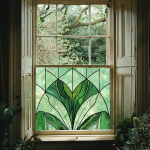 Art Deco Privacy Window Film, Green Stained Glass Style