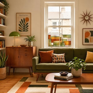 May include: A mid-century modern living room with a green sofa, wooden cabinet, and a coffee table. The room features a colorful rug, decorative pillows, and a framed Matisse print. A green lamp sits on the cabinet, and a starburst clock hangs on the wall.