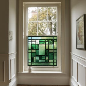 Green Art Deco Stained Glass Window Film – Privacy Decorative Window Cling for Home, Easy to Apply, Sunlight Filter, Modern Geometric Design