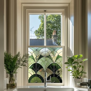 Green Art Deco Window Film, Privacy Window Film,  Decorative Stained Glass Window Film, Window Film, Stained Glass Window Film