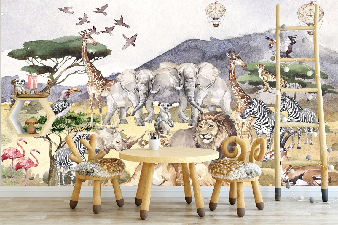Safari Wallpaper Wallpaper Peel And Stick Safari Wall Mural Etsy