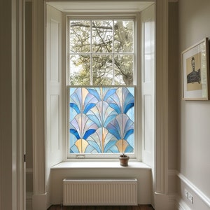 Blue Art Deco Window Film, Privacy Window Film, Renter Friendly Window Film, Patterned Window Film, Bathroom Window Film, Stained Glass