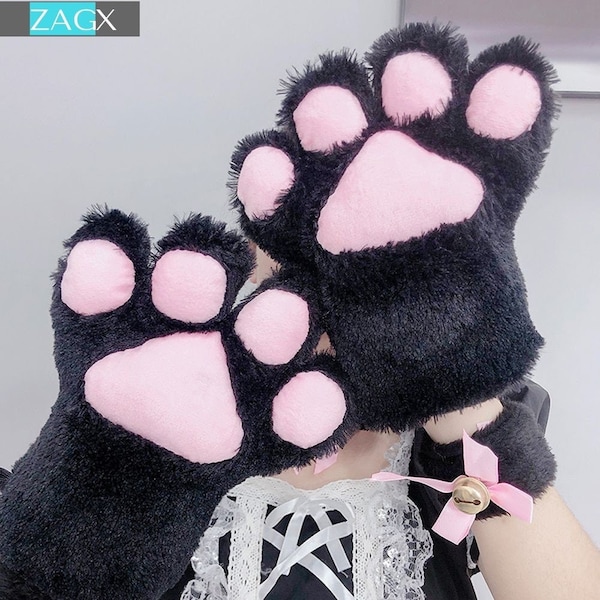 Lindo anime Big Cat Claw Paw Plush Mittens Guantes / Cálidos suaves guantes cortos de felpa / Guantes unisex para gatos oso Regalos / Ropa navideña / Disfraz de cosplay