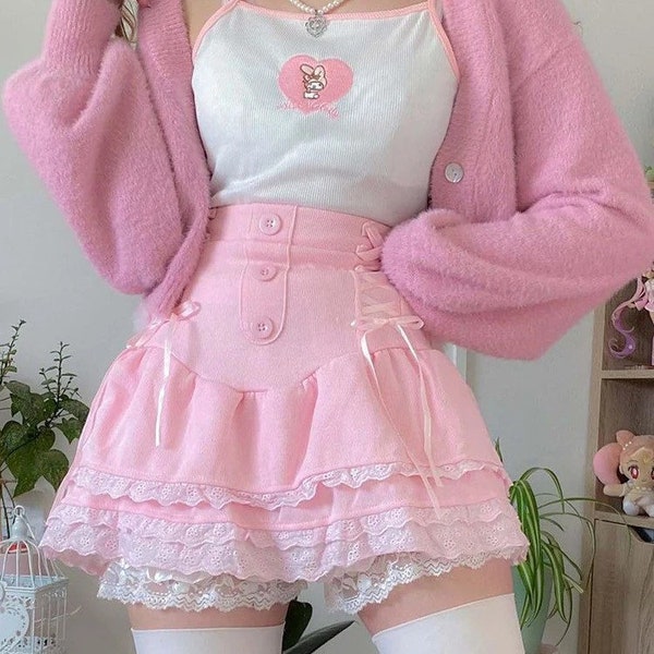 Aesthetic Mini Skirt Pink Cascading Ruffle A-line Buttons Lace-up Kawaii Skirts Japanese Fairycore Outfit Y2K