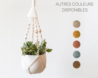 Suspension plante macramé avec perles en bois, coton 100% recyclé, Porte plante intérieur, Déco bohème