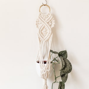 Macrame wall planter for small plants with golden colored metal ring