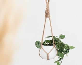 Suspension plante macramé sans frange, coton 100% recyclé, Porte plante intérieur, Déco bohème