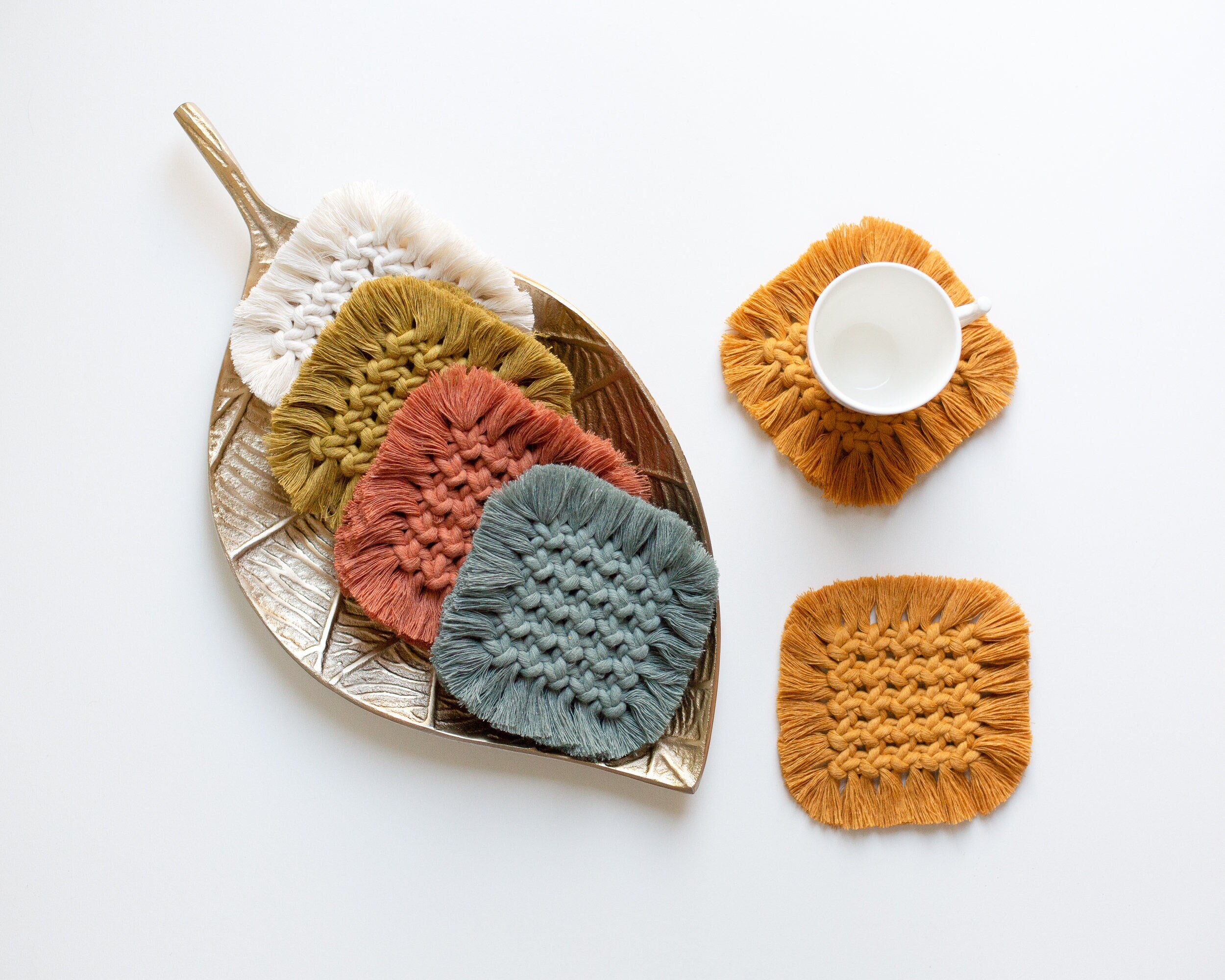 Lot de Deux Sous-Verres en Macramé - Cadeau Noël Dessous Verres Femme Sous-Tasse Coton Recyclé