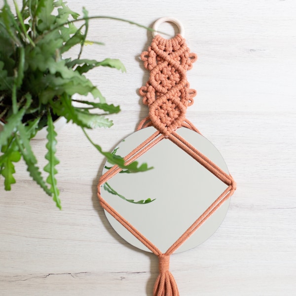 Miroir en macramé, couleur terracotta, décoration murale bohème