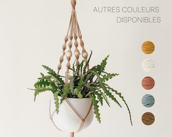 Suspension plante macramé fait main avec perles en bois, coton 100% recyclé, Porte plante intérieur, Déco bohème