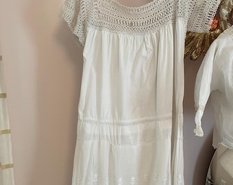 Antique Edwardian White Cotton Gown: Hand Crochet Bodice, Embroidered Day Dress