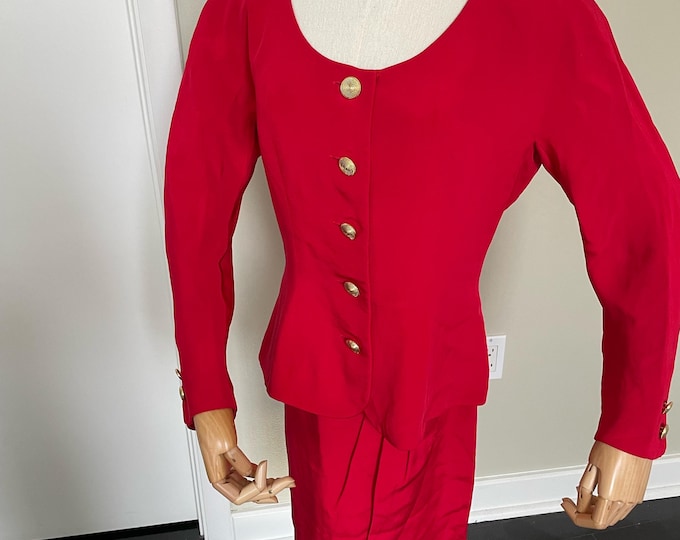 Albert Nipon Size 10 Silk  2 Piece Skirt Fitted Red Suit Women Bergdorf Goodman