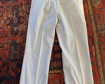 VTG Men's Seersucker Trousers W Front Pleats  Cuffs Green White 34 x 30 W 1.5"hem Barth's Clothing Co Columbia, Missouri