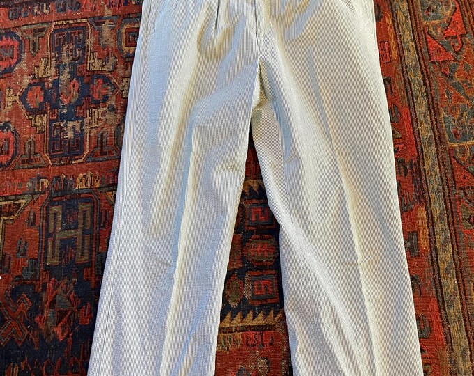 VTG Men's Seersucker Trousers W Front Pleats  Cuffs Green White 34 x 30 W 1.5"hem Barth's Clothing Co Columbia, Missouri