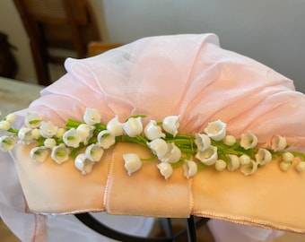 Vtg 60s Pink Chiffon Wedding Veil With Lily of the Valley Headband Floral Shoulder Length