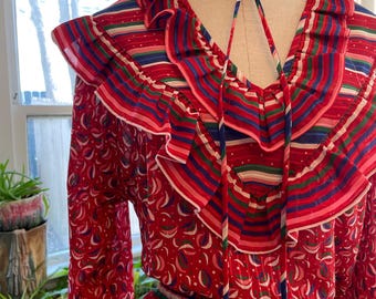 Diane Freis Red Blue Ruffled Georgette Midi Dress with Tassels Size 10