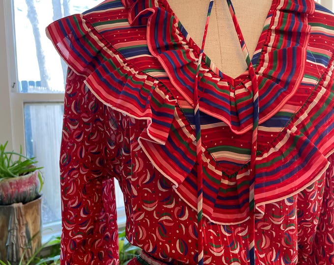 Diane Freis Red Blue Ruffled Georgette Midi Dress with Tassels Size 10