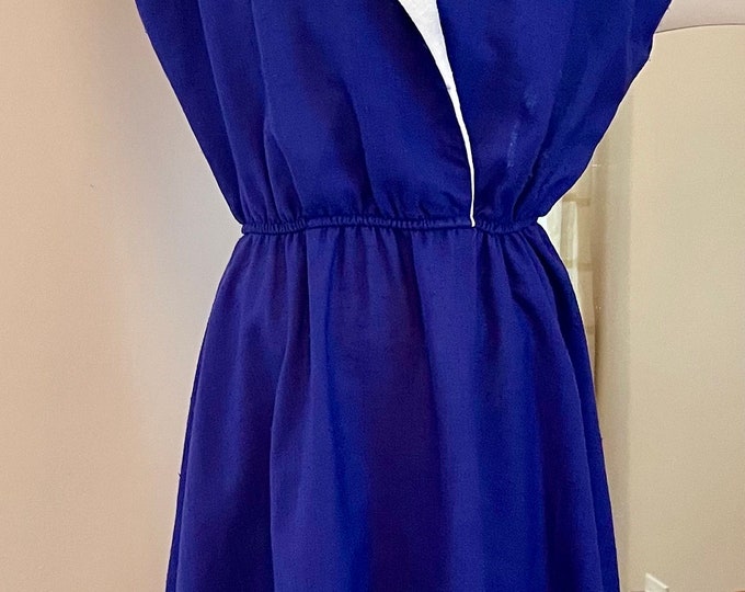 Leslie Fay 80s Two Tone Linen Blend Dress Size M Pullover Style Elastic Waist Midi Length