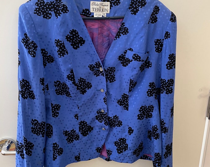 Rickie Freeman for Terijon 100% Silk Evening Jacket Nipped Waist Periwinkle Blue with Black Graphic