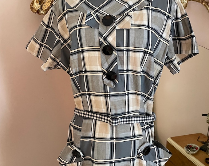 1950s Summer Cotton Plaid Dress Vintage Maisel Era Chic Rockabilly Bombshell L