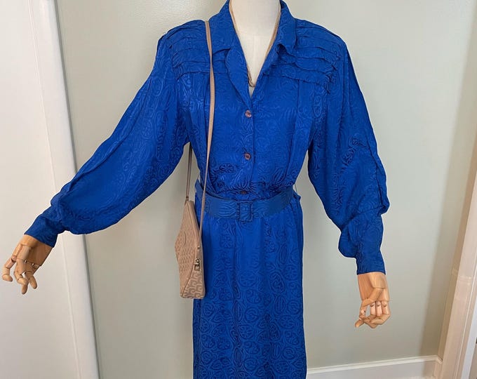 100% Silk Y Lev Vintage 80s Royal Blue Shirtwaist Dress w Belt Pleat Detail Sz 10
