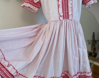 Vintage 1960’s Swiss Dot Ruffle Trim Red/White Short Sleeve Mini Dress Size L