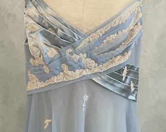 Vintage 1950s Wedgewood Blue Eyeful by the Flaums Double Layer Chiffon Satin Empire Waist Embroidered Nightgown Old Hollywood Dress 36 Bust