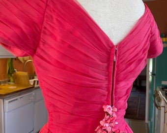 Vintage Emma Domb Deep Pink Tulle Dress – 1950s Bridesmaid Prom Flower Detail