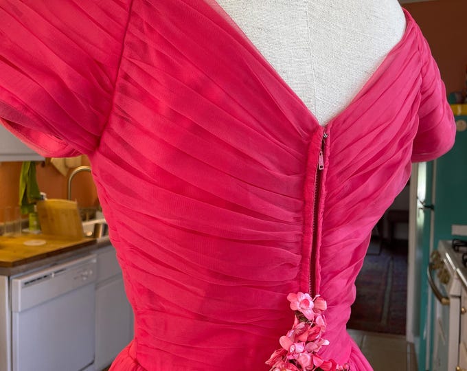 Vintage Emma Domb Deep Pink Tulle Dress – 1950s Bridesmaid Prom Flower Detail