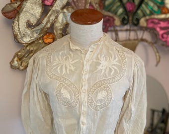 Edwardian Ivory Bodice with Embroidery and Bespoke Buttons Long Sleeves Drawstring Waist