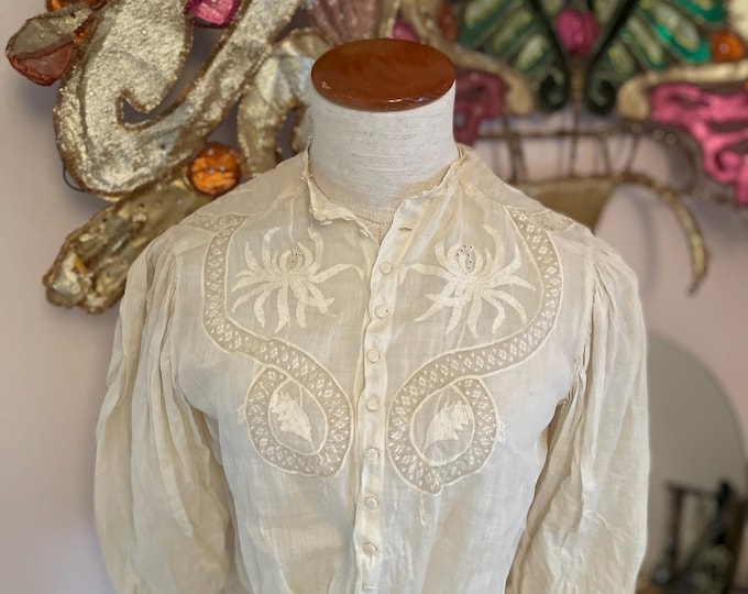 Edwardian Ivory Bodice with Embroidery and Bespoke Buttons Long Sleeves Drawstring Waist