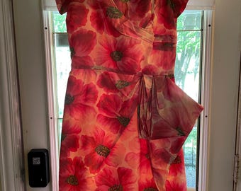 1960s Wiggle Dress Pink Painterly Floral Pattern Sz 14 Vintage Ferman O'Grady