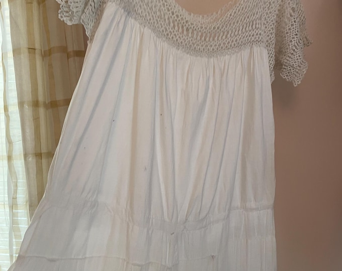 Antique 1910s Edwardian White Hand Crochet Bodice Fine Embroidered Cotton Gown Day Dress Museum Quality Size M Wearable History