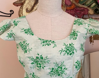 Vintage 70s Green Floral Print Butterfly Sleeve Cotton Party Dress S Sundress Hippy