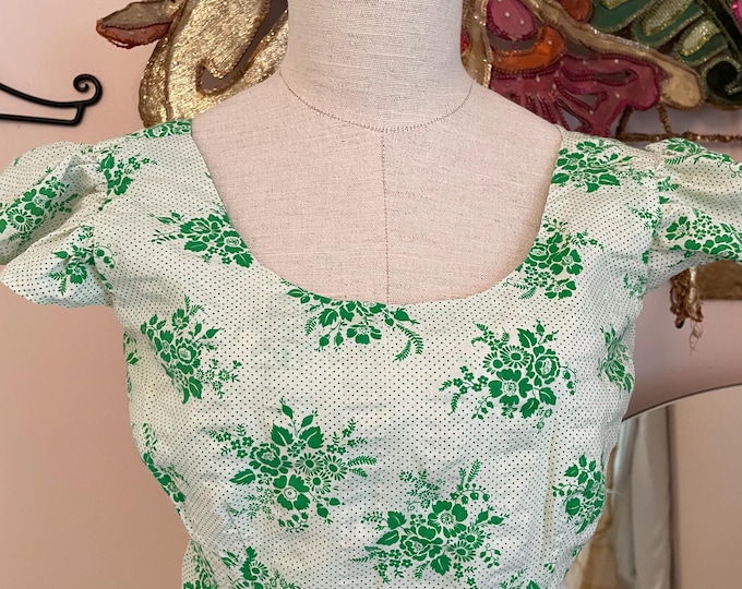 Vintage 70s Green Floral Print Butterfly Sleeve Cotton Party Dress S Sundress Hippy