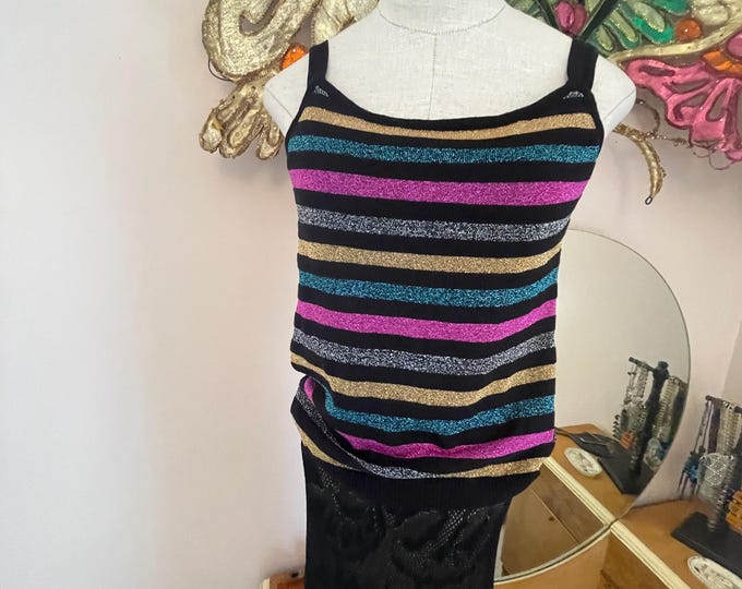 Vintage 70s 80s Lurex Stripe GLAM DISCO Tank Top Cruise Glitzy Size Medium