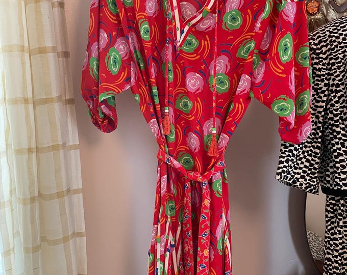 Diane Freis Print Chiffon Floral Dress w Scarf/Sash 3/4 Sleeves Pleats at Bottom