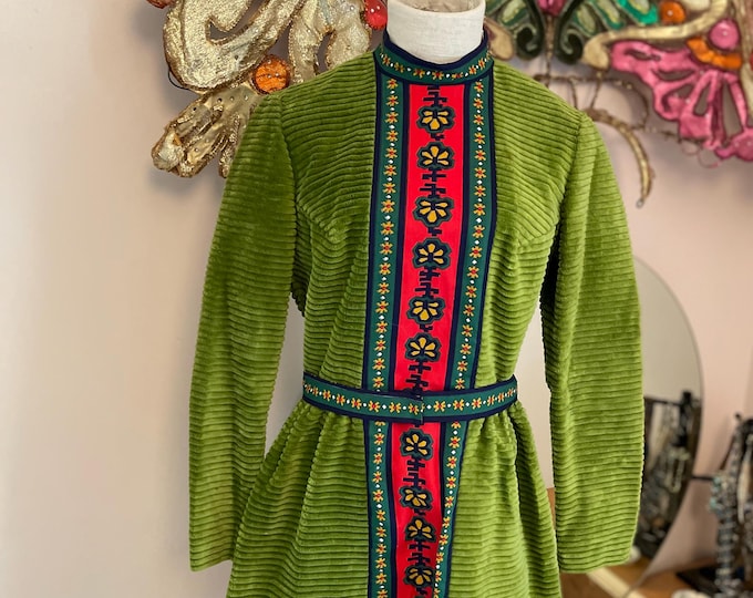 Lanz Originals 1970s Green Corduroy Boho HippiMini Dress Folkloric Trim and Belt Size 4 or Child's 16