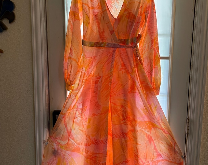 VTG 60s Olga Freedom Front Peignoir Set Orange Pink Psychedelic Nylon Nightgown Robe Size S Made in USA Kimono Wrap Style Robe