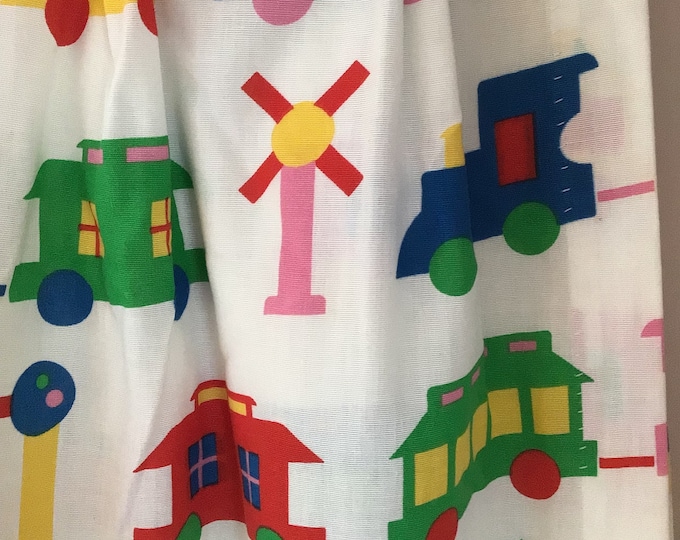 1970s Marimekko Style Train Print Curtains Set of 2 Pleated Top