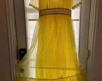 Cottage Core Prairie Yellow Long Maxi Sheer Daisy Dress Size S Vintage 1970s